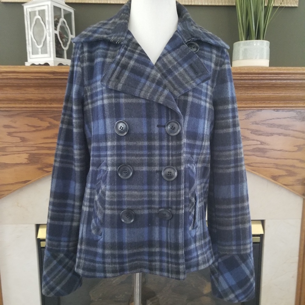 Aeropostale Women's Blue Vintage Wool Blend Plaid Peacoat Size Large Juniors